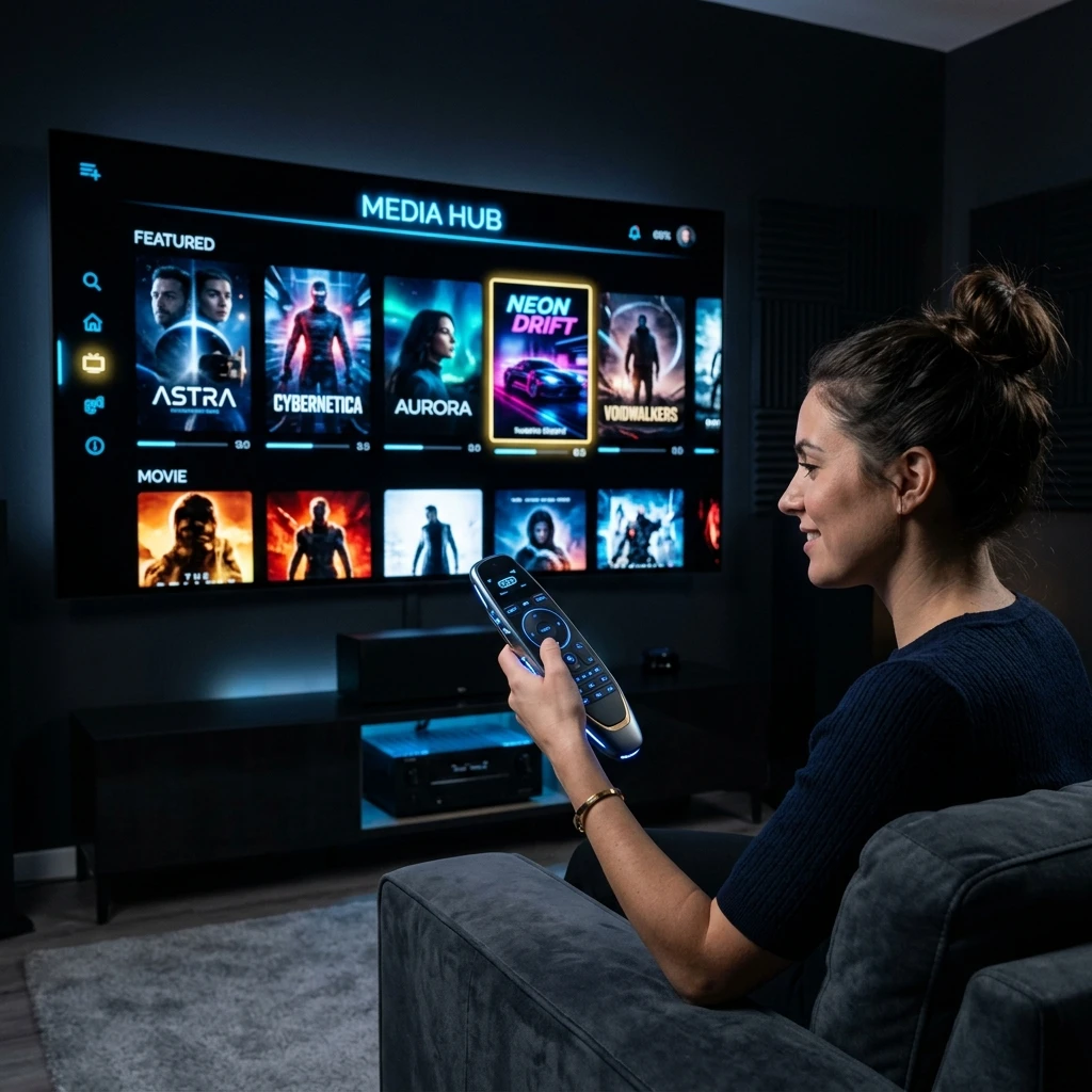 Mão segurando controle remoto em frente à TV